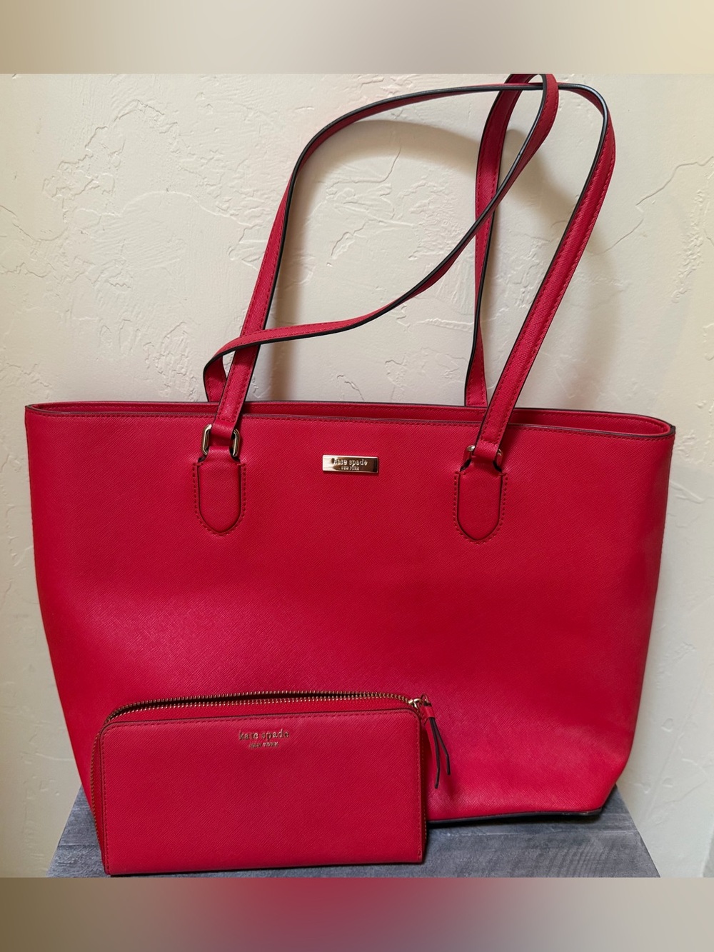 Red Kate Spade Saffiano Leather Tote with Matching Wallet Set